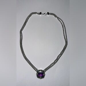 925 Sterling Silver Genuine Amethyst Diamond Designer Double Strand Necklace 19"